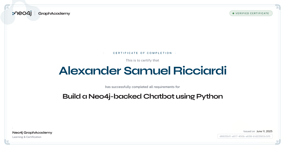Build a Neo4j-backed Chatbot using Python Certificate | GraphAcademy