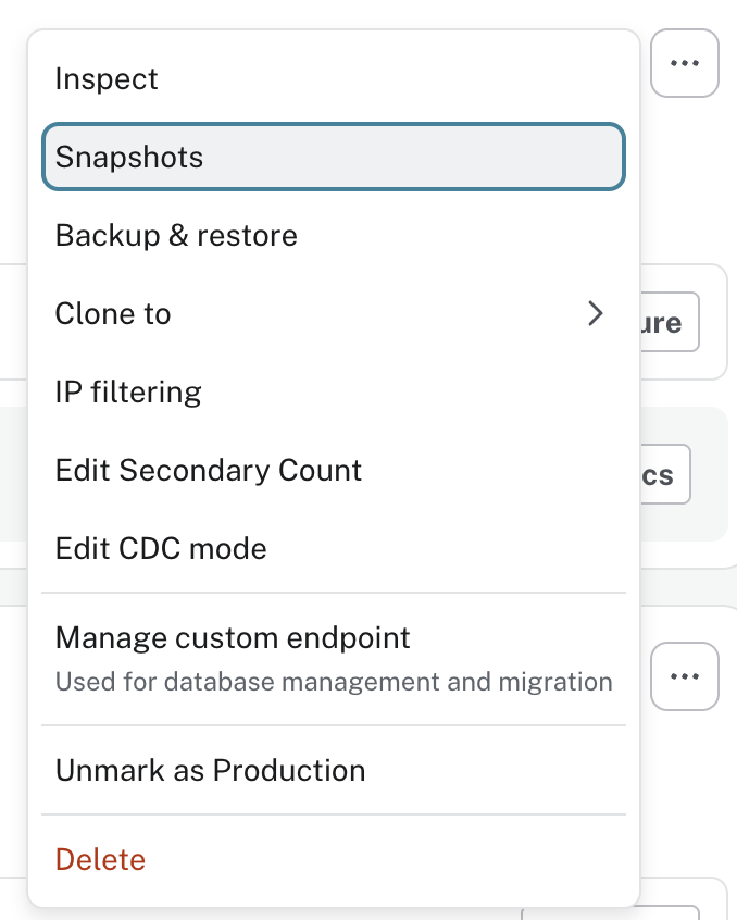 The Snapshots item in the More menu