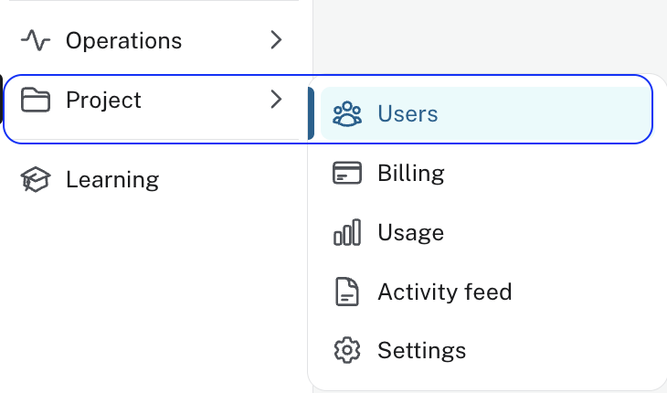Aura Console left navigation with Project expanded and Users highlighted