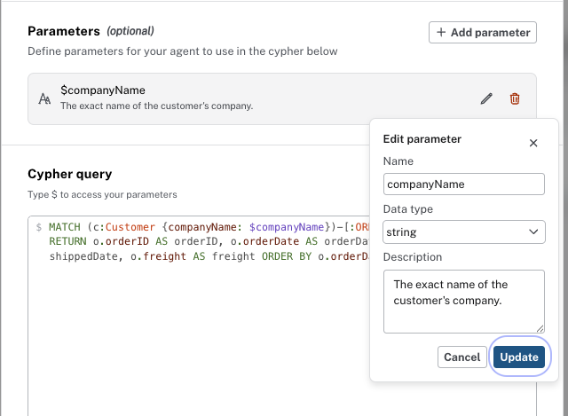 Edit parameter dialog showing Name
