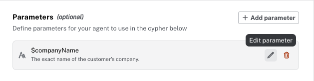 Parameters list showing saved parameters with edit and delete icons