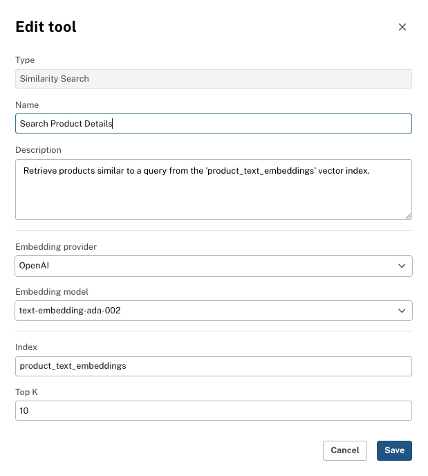 Similarity Search tool edit dialog showing the vector index name and Top K fields