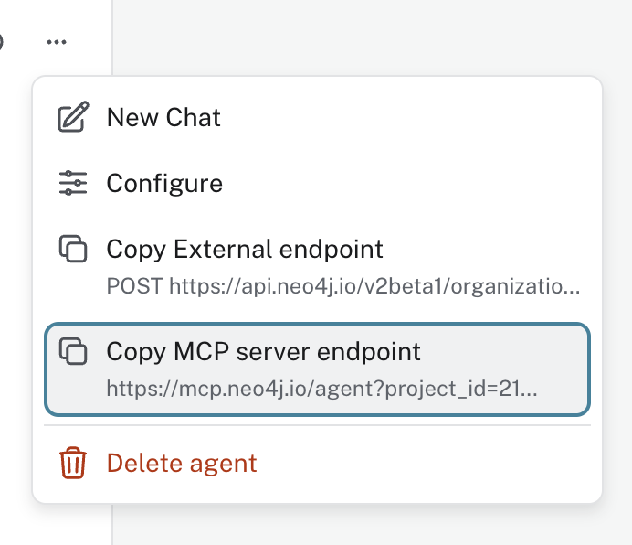 Agent context menu showing Copy External endpoint and Copy MCP server endpoint options