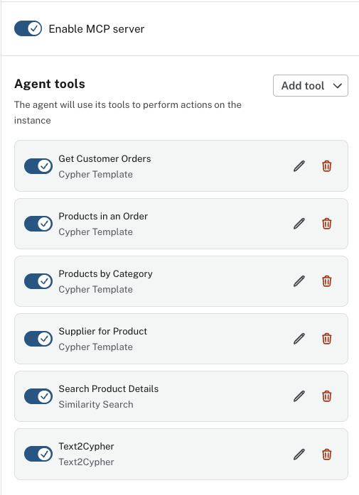 Complete agent configuration showing the Enable MCP server toggle on alongside the full list of agent tools