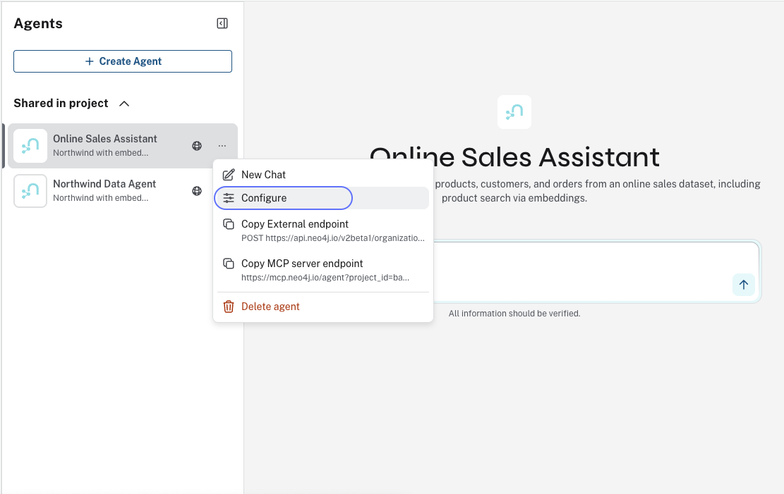 Agent menu showing Configure