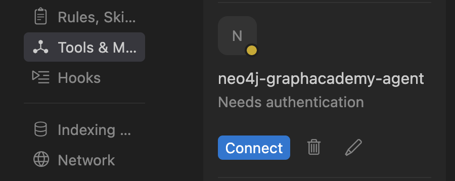 Tools and MCP panel showing neo4j-graphacademy-agent with Needs authentication status and a Connect button