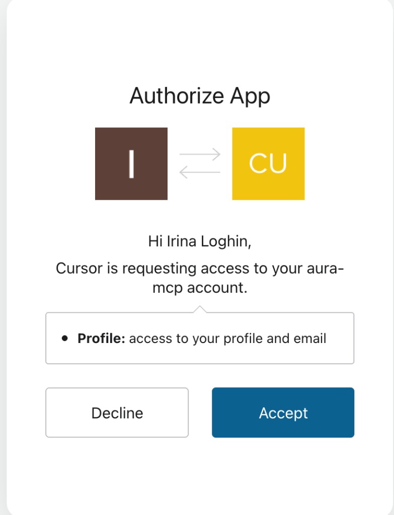 Authorize App screen showing Cursor requesting access to the aura-mcp account with Accept and Decline buttons