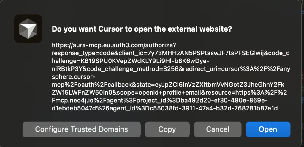 macOS dialog asking whether to open the aura-mcp.eu.auth0.com authorization URL in a browser