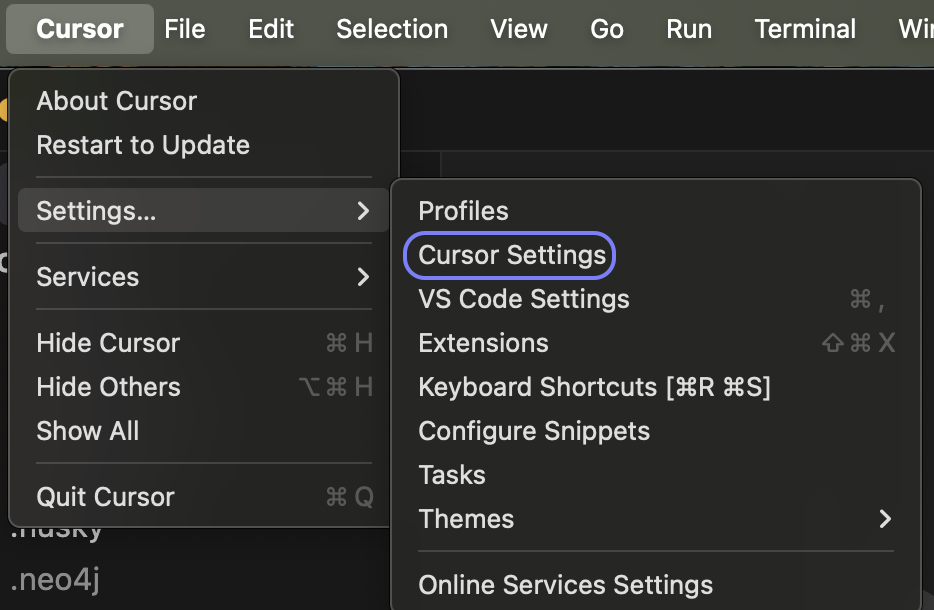 Cursor menu with Settings and Cursor Settings highlighted