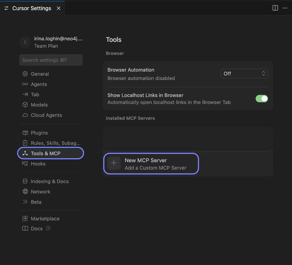 Tools & MCP settings showing Installed MCP Servers and New MCP Server option