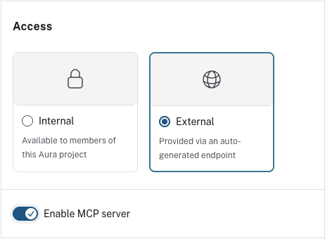 Access settings showing External selected with the Enable MCP server toggle visible