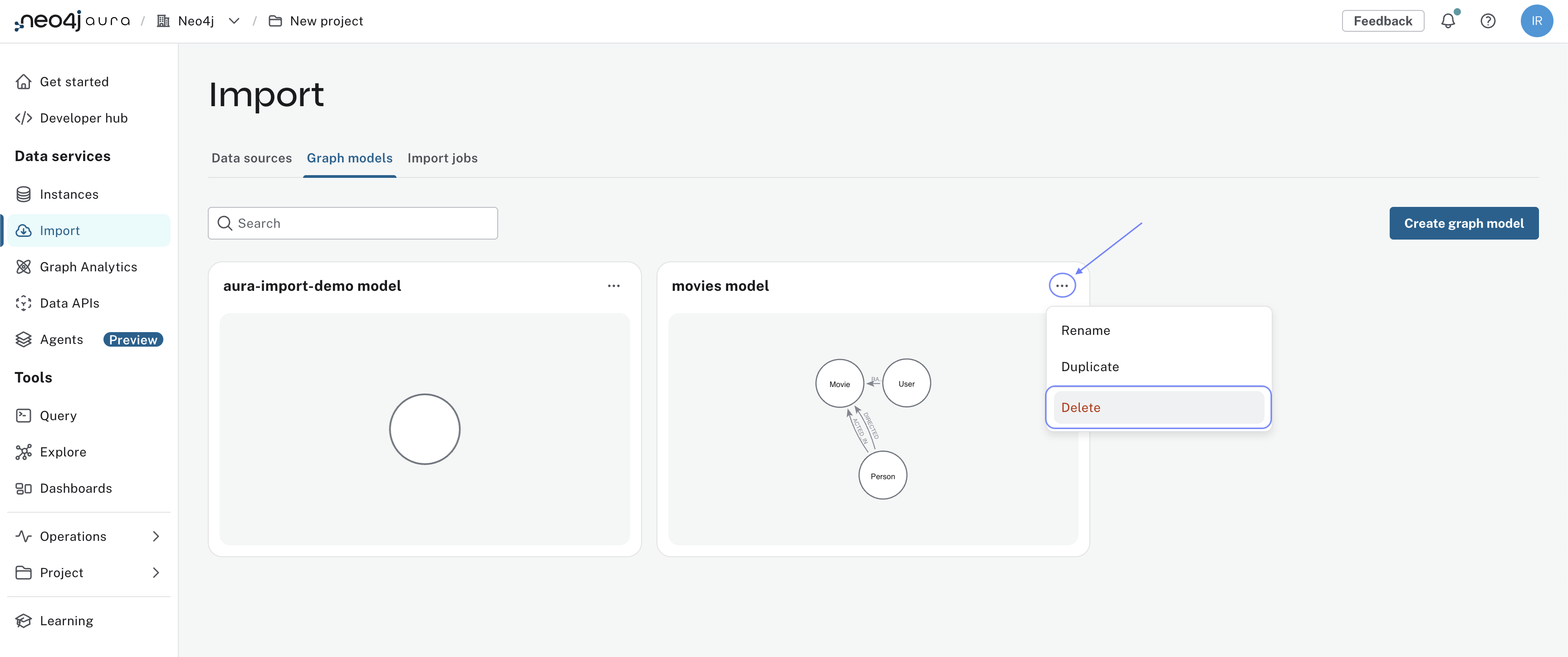 The clear all option in the data importer menu '…​'