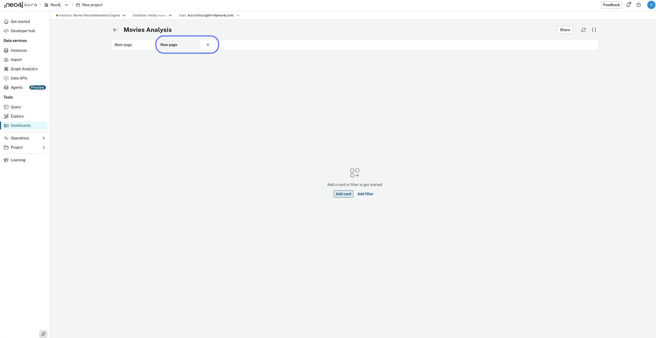 New dashboard page dialog