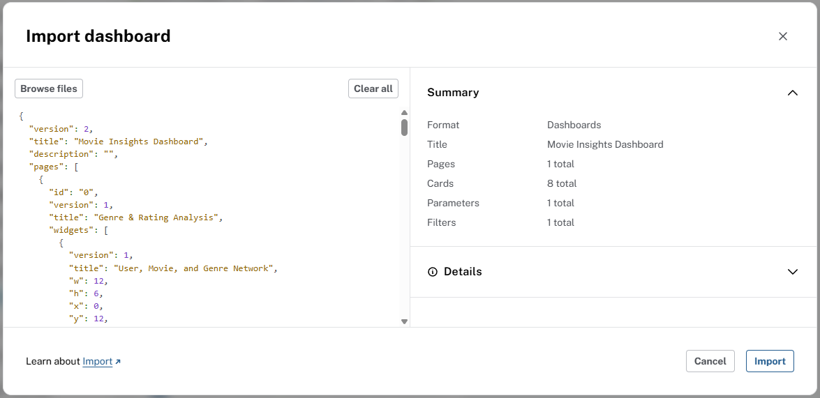 Import dashboard review dialog