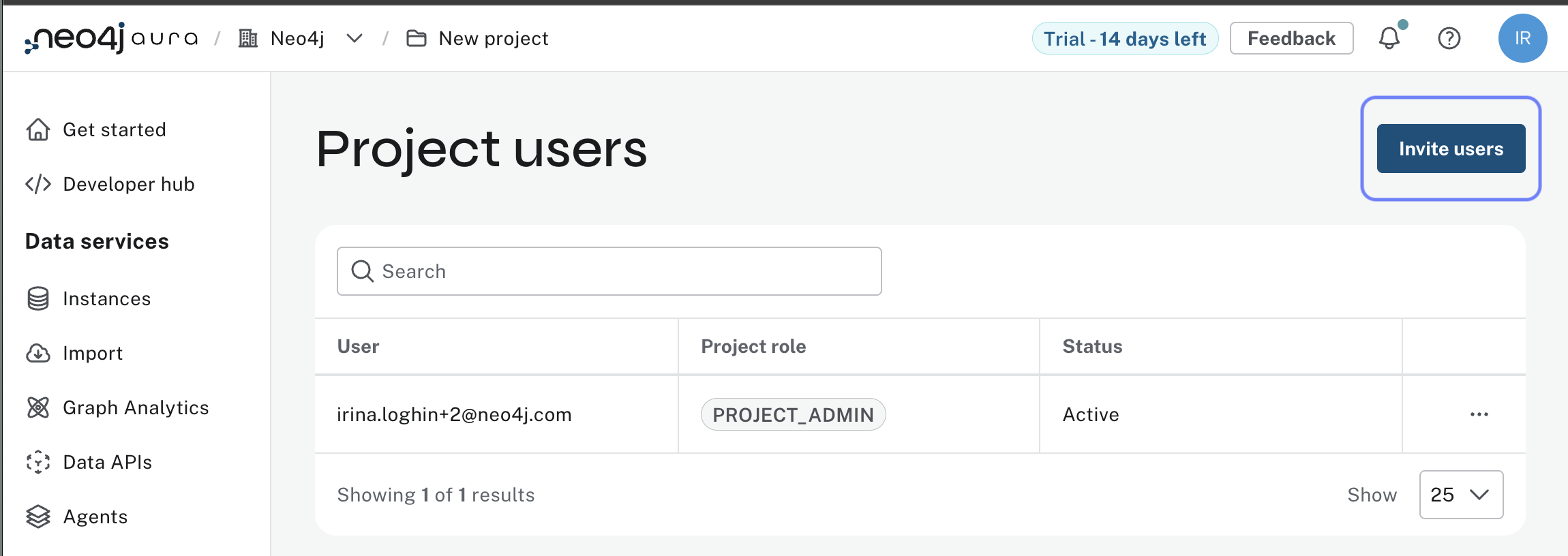 Project users menu with the invite users button highlighted