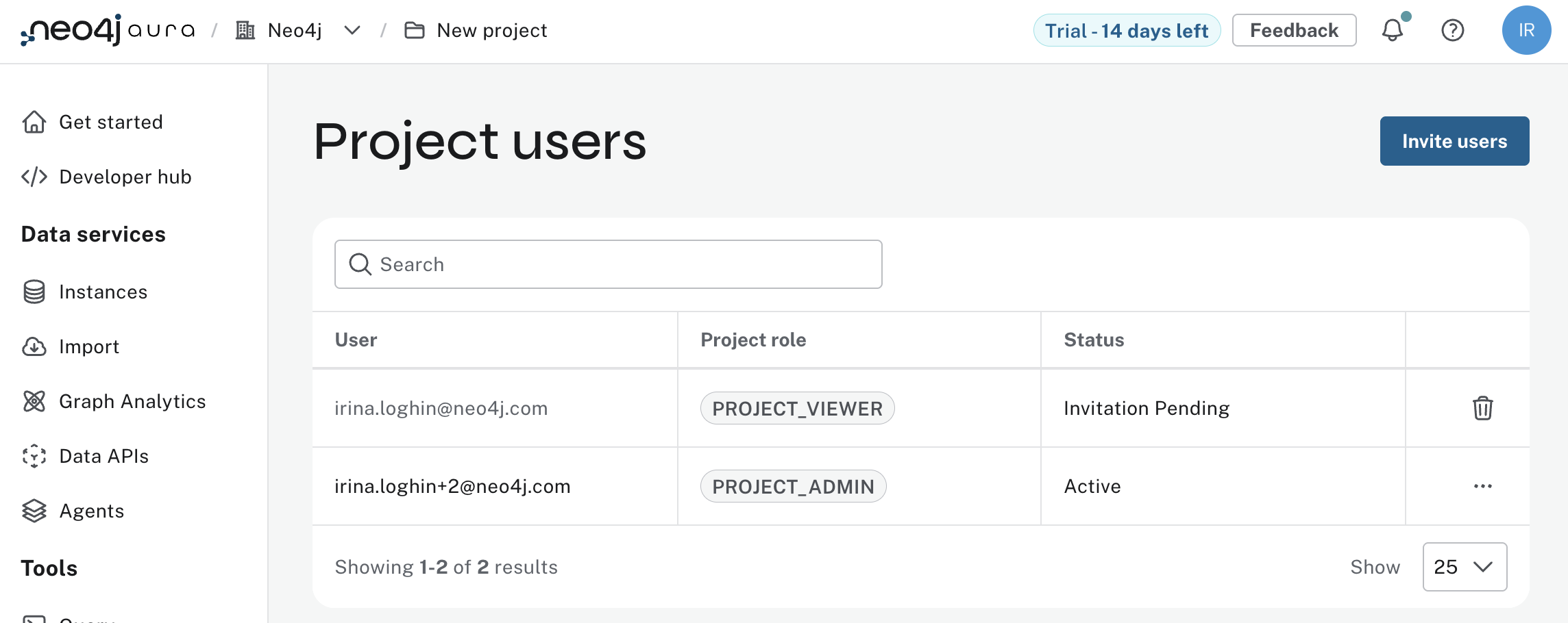 Projects users screen showing the new user added