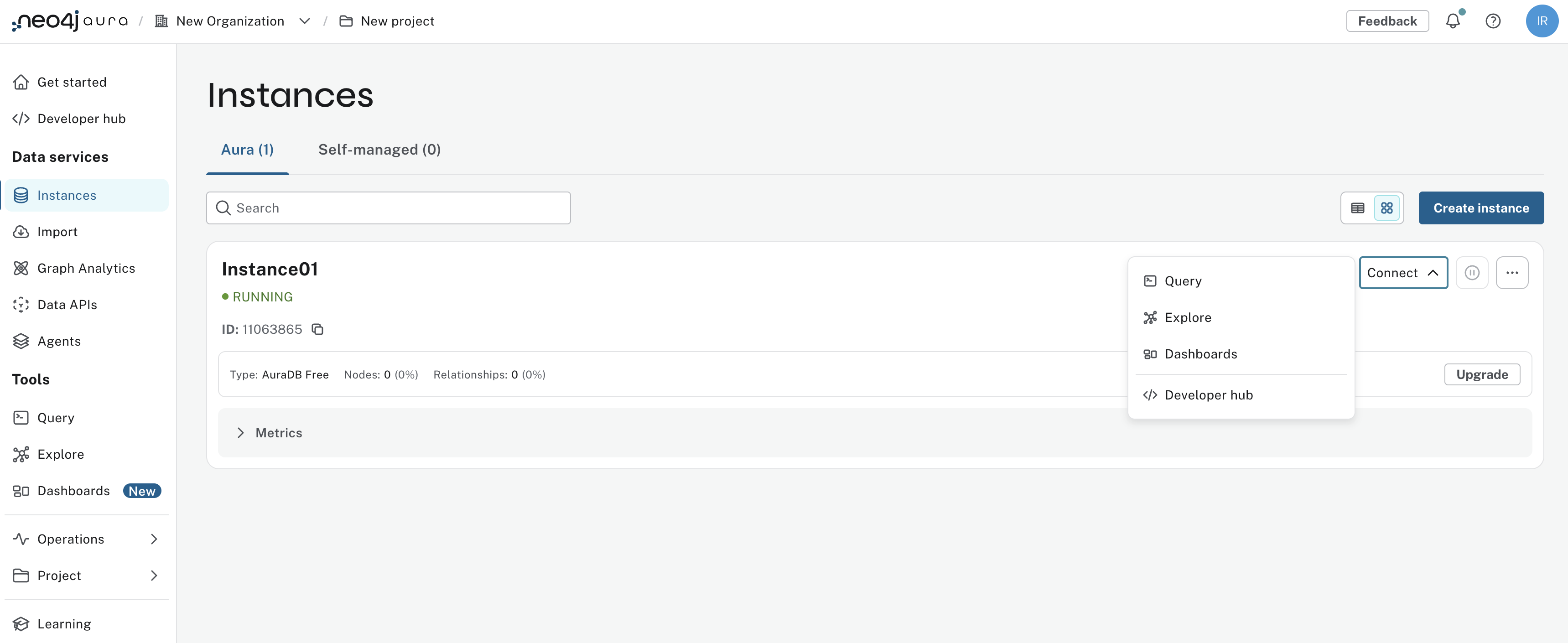 Aura console showing the new free instance running