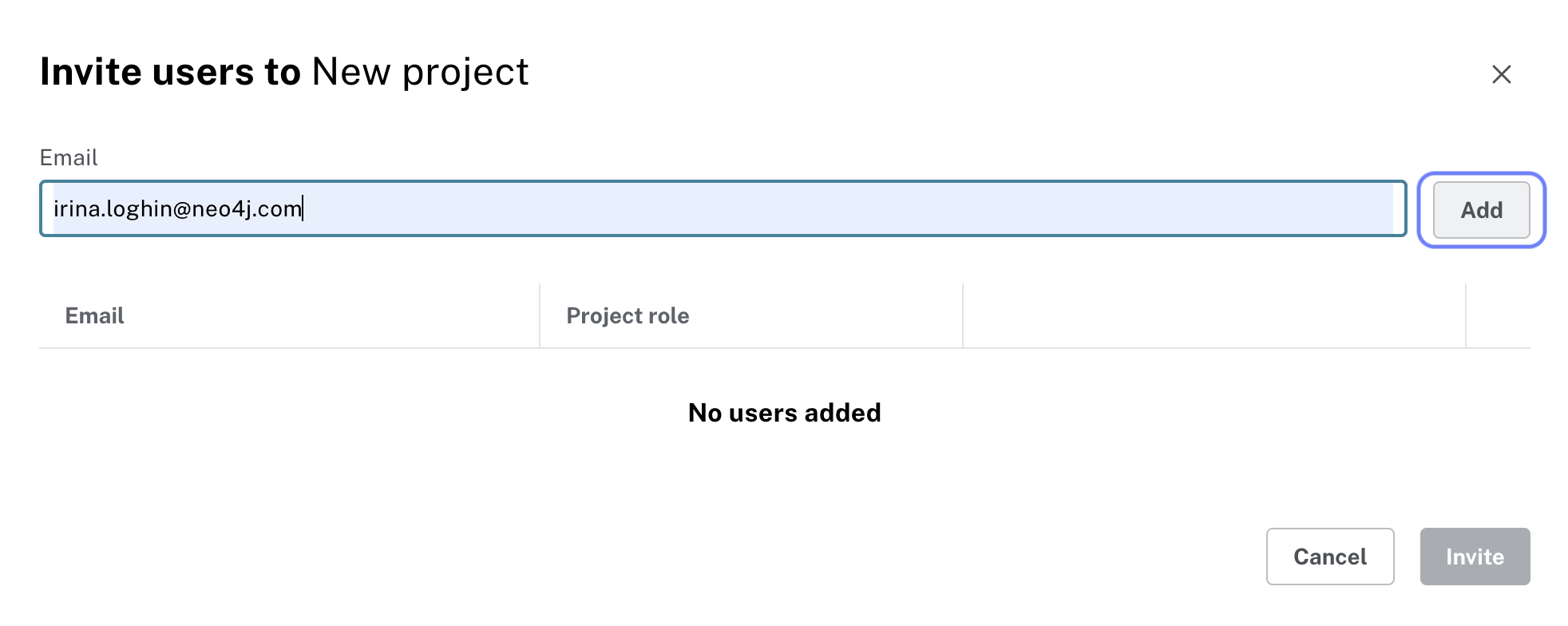 Email address added to the invite users field