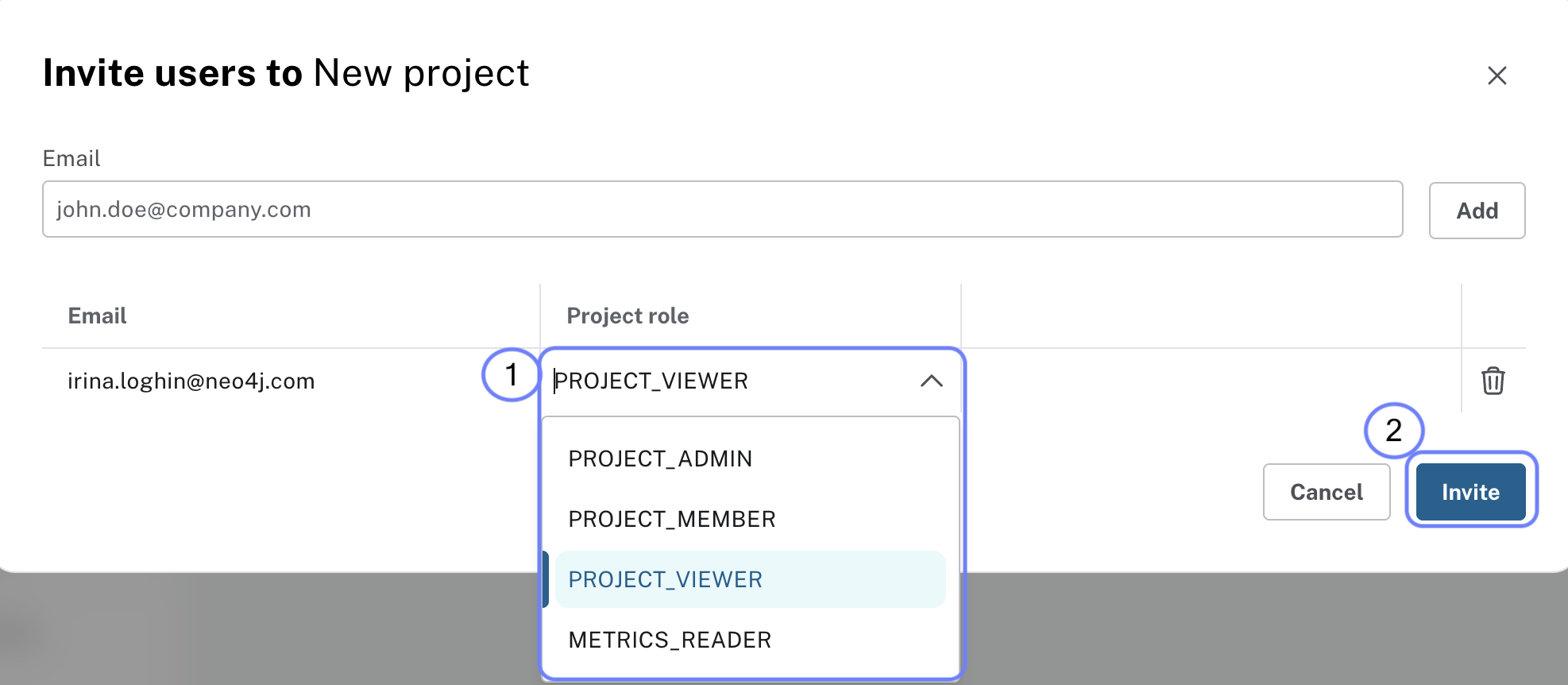 Project role drop down showing the different roles available