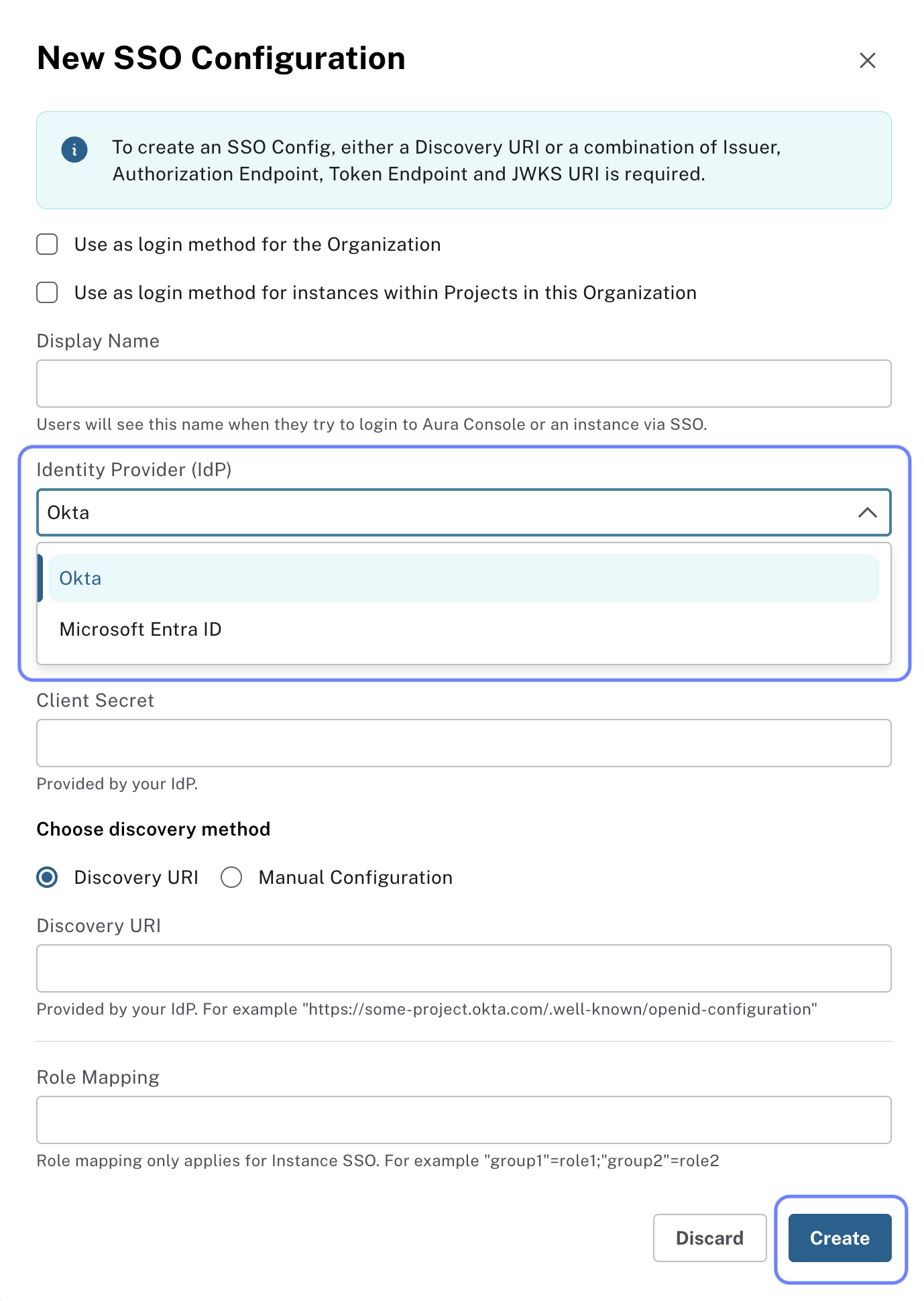 New SSO configuration screen with Identity provider dropdown highlighted