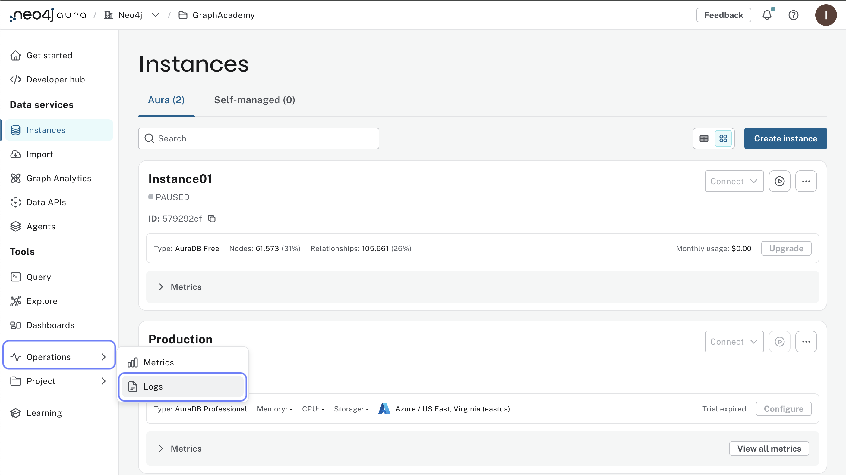 Operations menu with Logs option highlighted