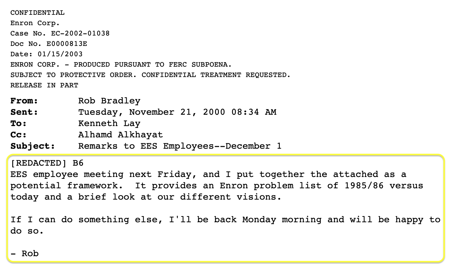 Page 1 of E0000813E.pdf showing the body text of an email about EES employees