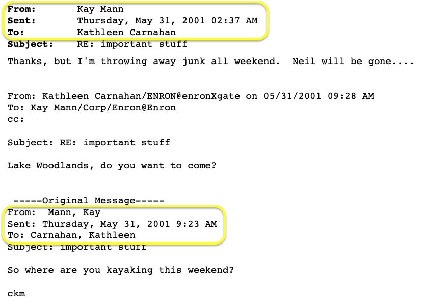 Page 1 of E0058489E.pdf showing a forwarded email chain about kayaking