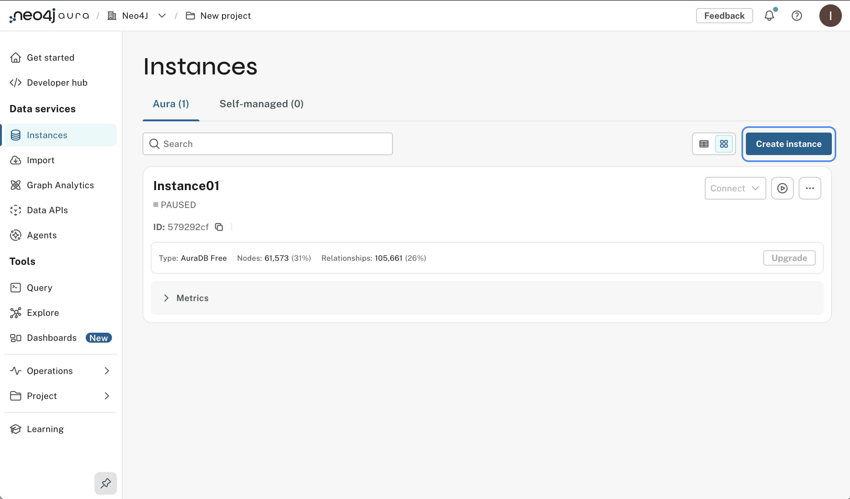 Create instance button in the Aura console