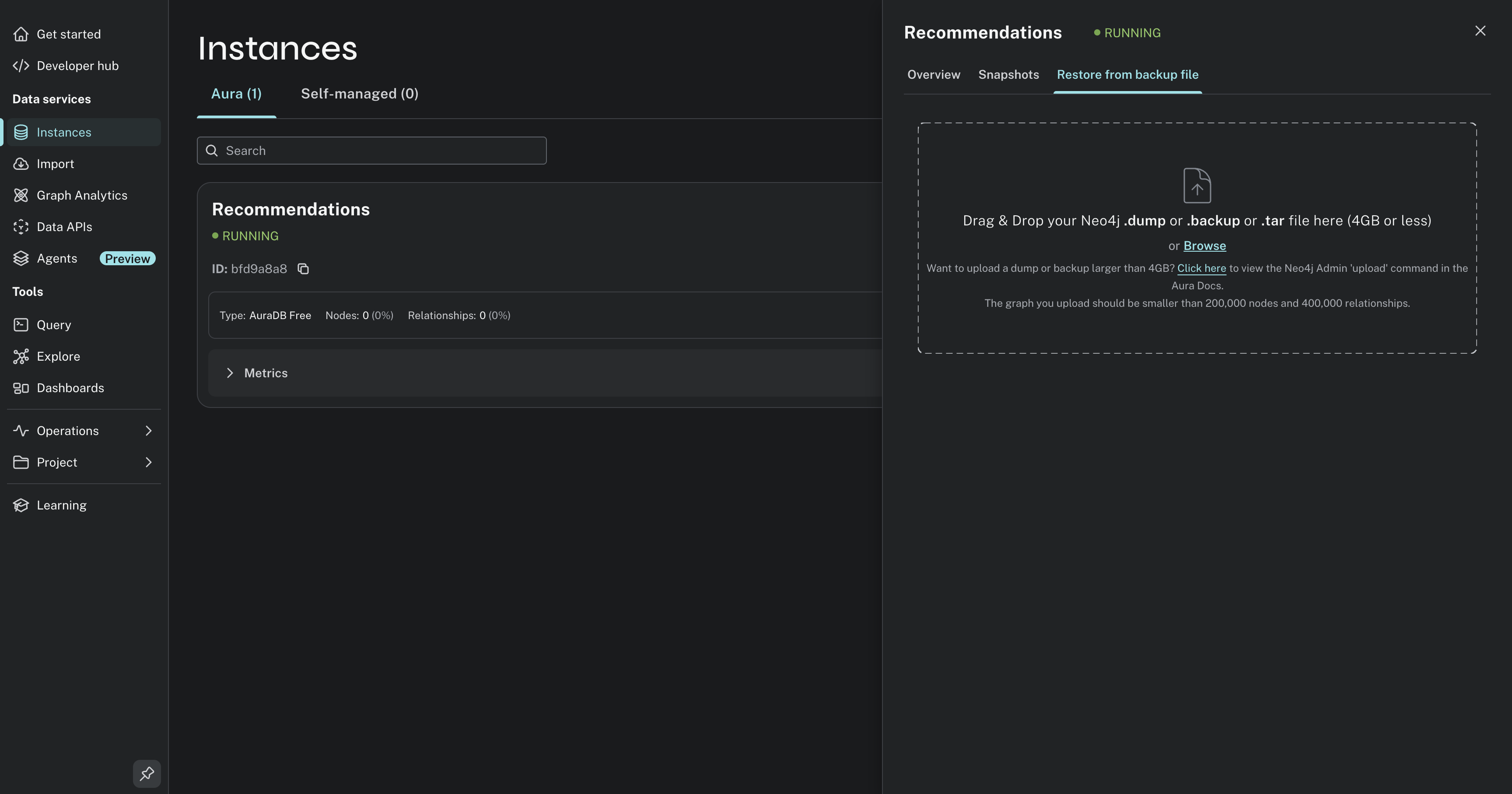 Backup and restore tab in Aura Instances page