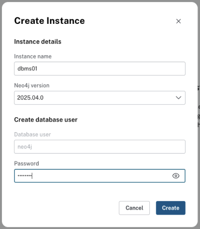 Neo4j Desktop main interface showing the create instance modal