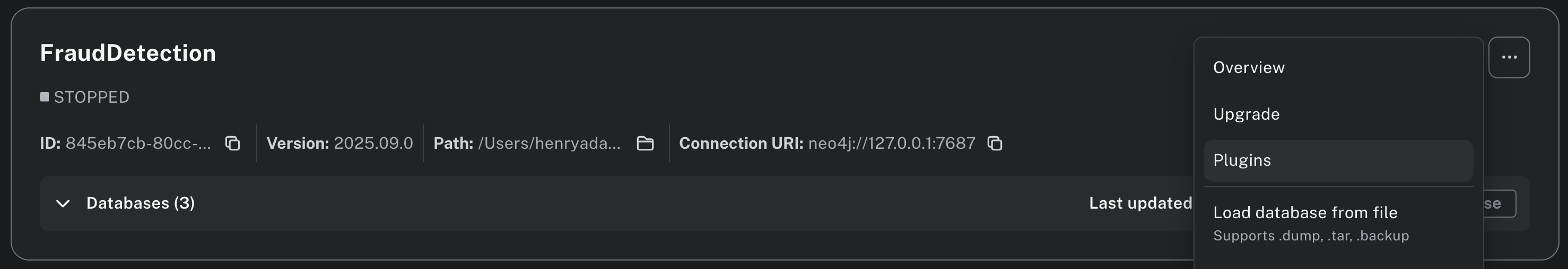 Neo4j Desktop menu with plugin window navigation