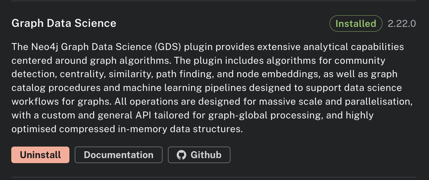 Neo4j Desktop Plugins tab showing the Graph Data Science Library with Install button