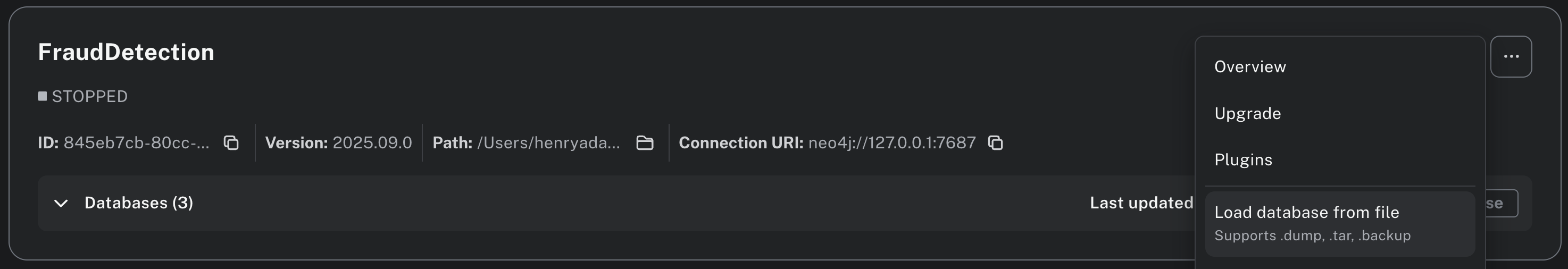 Neo4j Desktop showing the load from .dump option