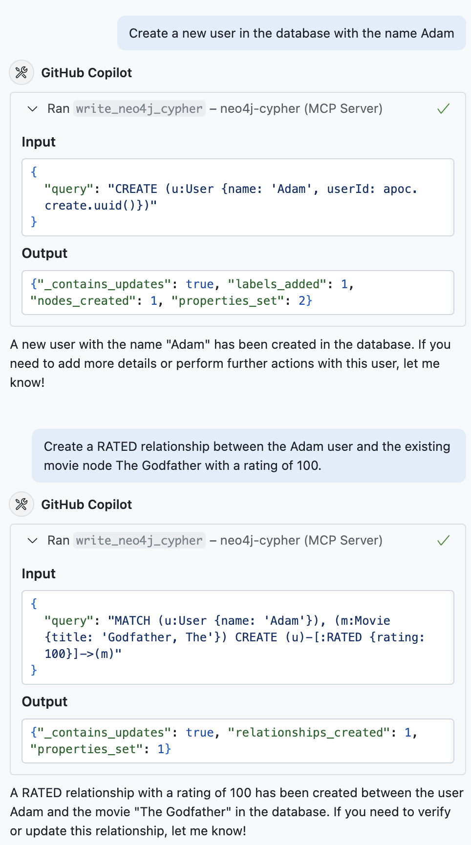 A conversation creating a new user with a name property of Adam