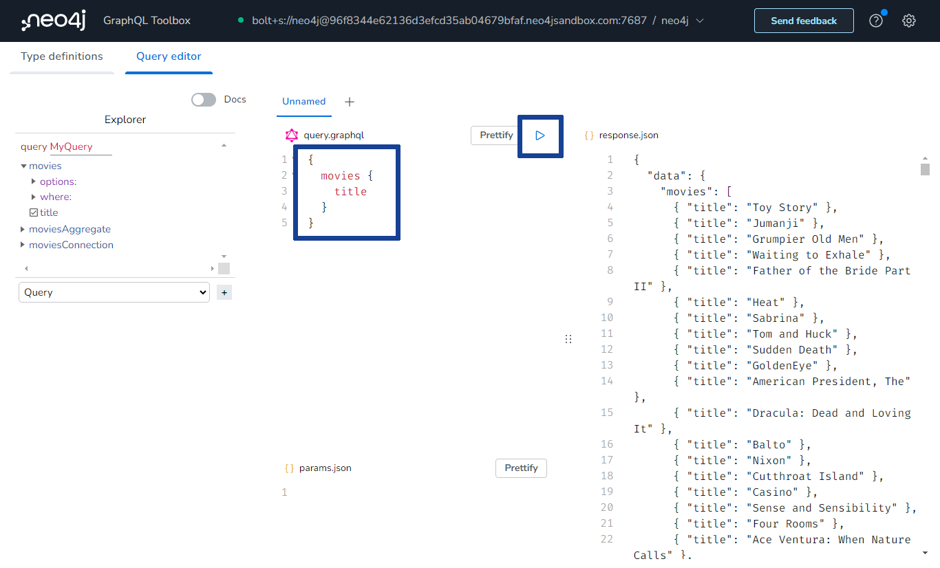 The GraphQL query editor screen with the above query and run button highlighted