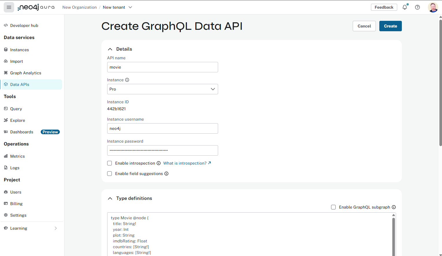 A screenshot of the Create GraphQL Data API
