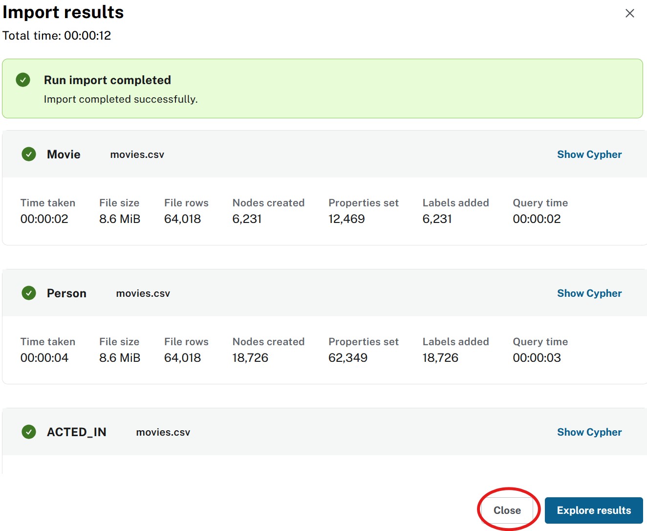Import results summary