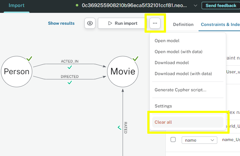 The clear all option in the data importer menu '…​'