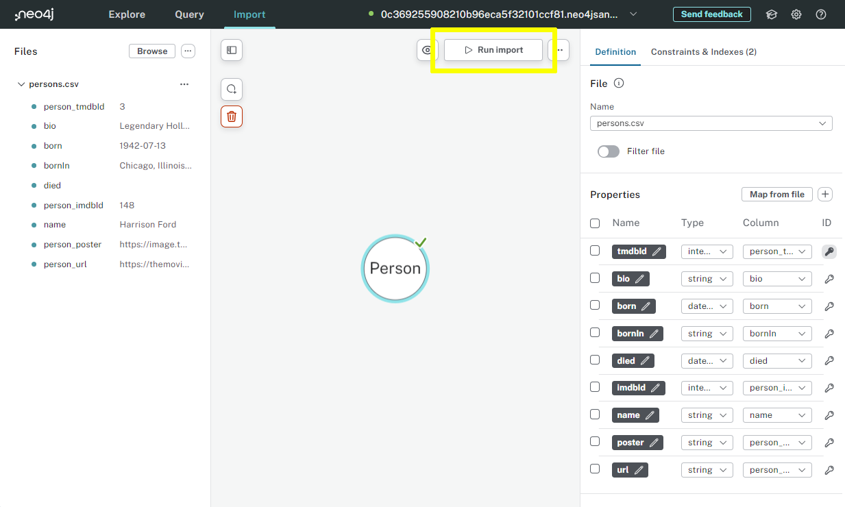 The run import button