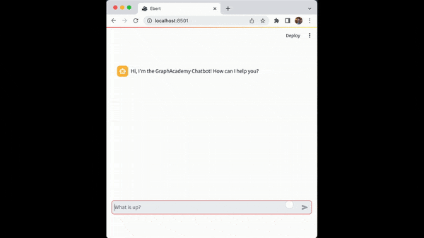 GraphAcademy Chatbot App Interface with an introductory message from the assistant and a box to send a message.