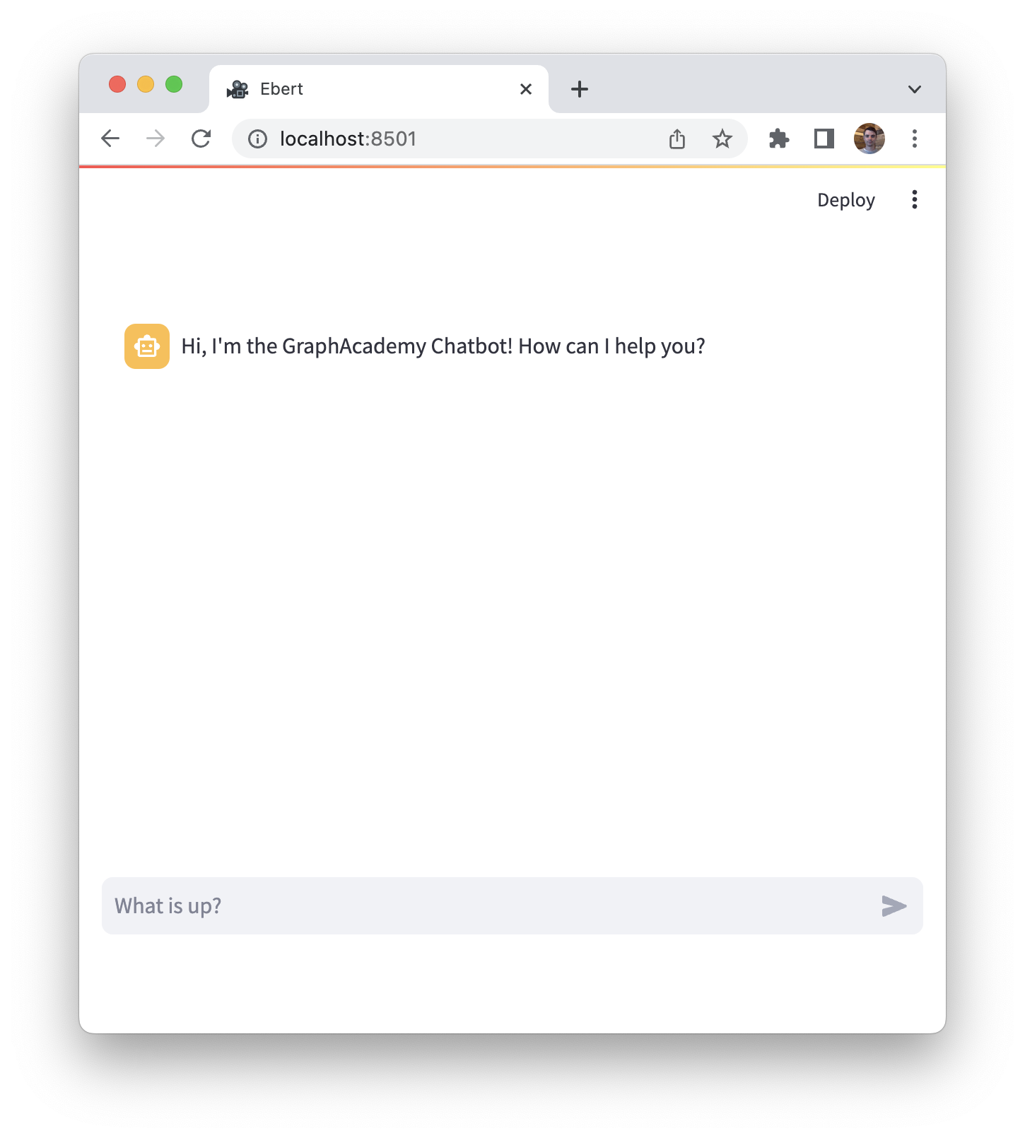 GraphAcademy Chatbot App Interface with an introductory message from the assistant and a box to send a message.