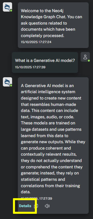 Asking the chatbot about Knowledge Graphs and getting a response