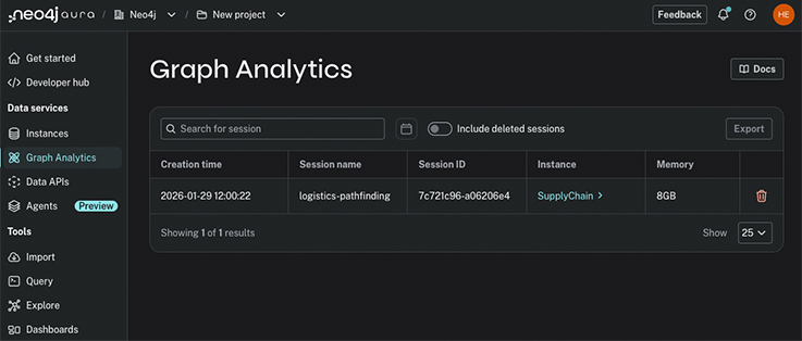 the aura graph analytics dashboard with a session running.