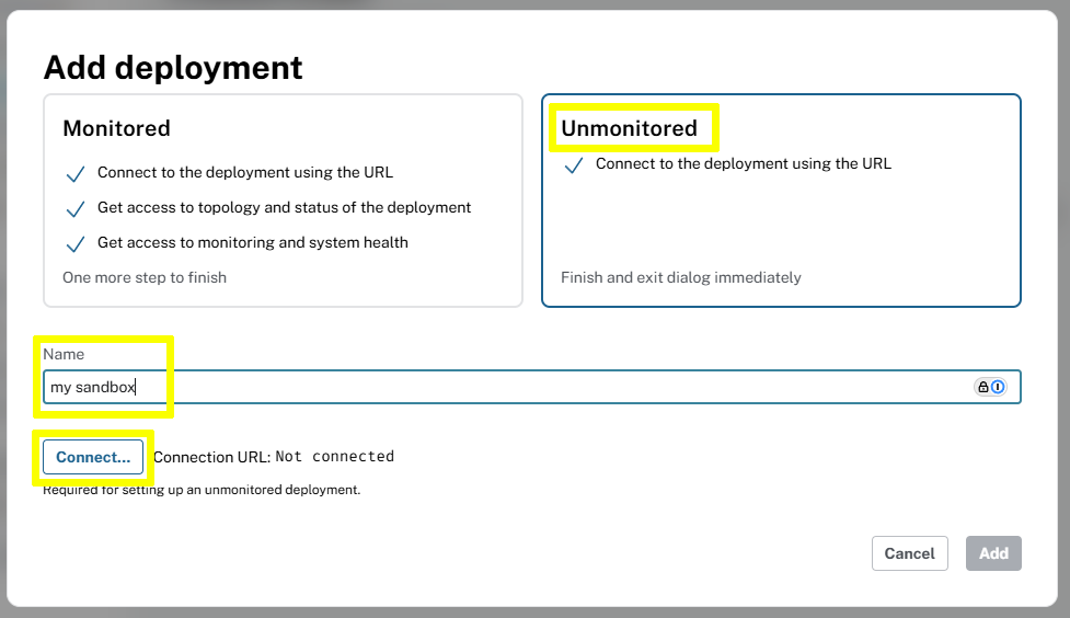 Unmonitored option selected with the instance name My sandbox and connect button highlighted