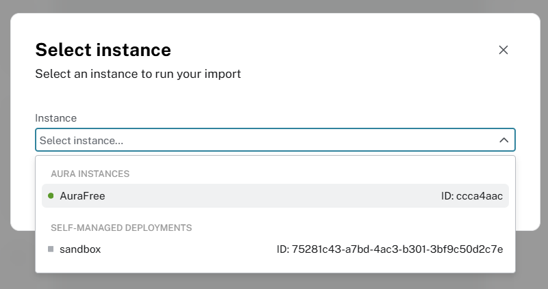 Dialogue to select the Aura instance to import into