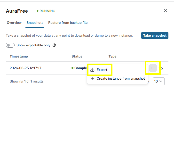 Export snapshot action in the …​ menu