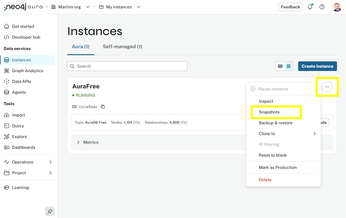 Snapshots menu item in the …​ menu