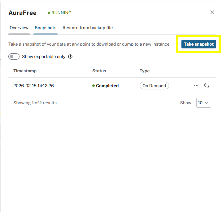 Snapshots page with Take snapshot button highlighted