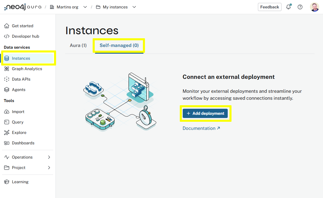 Self managed page with the add deployment button highlighted