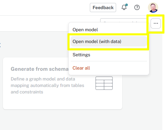 …​ menu and  Open Model (with data) highlighted